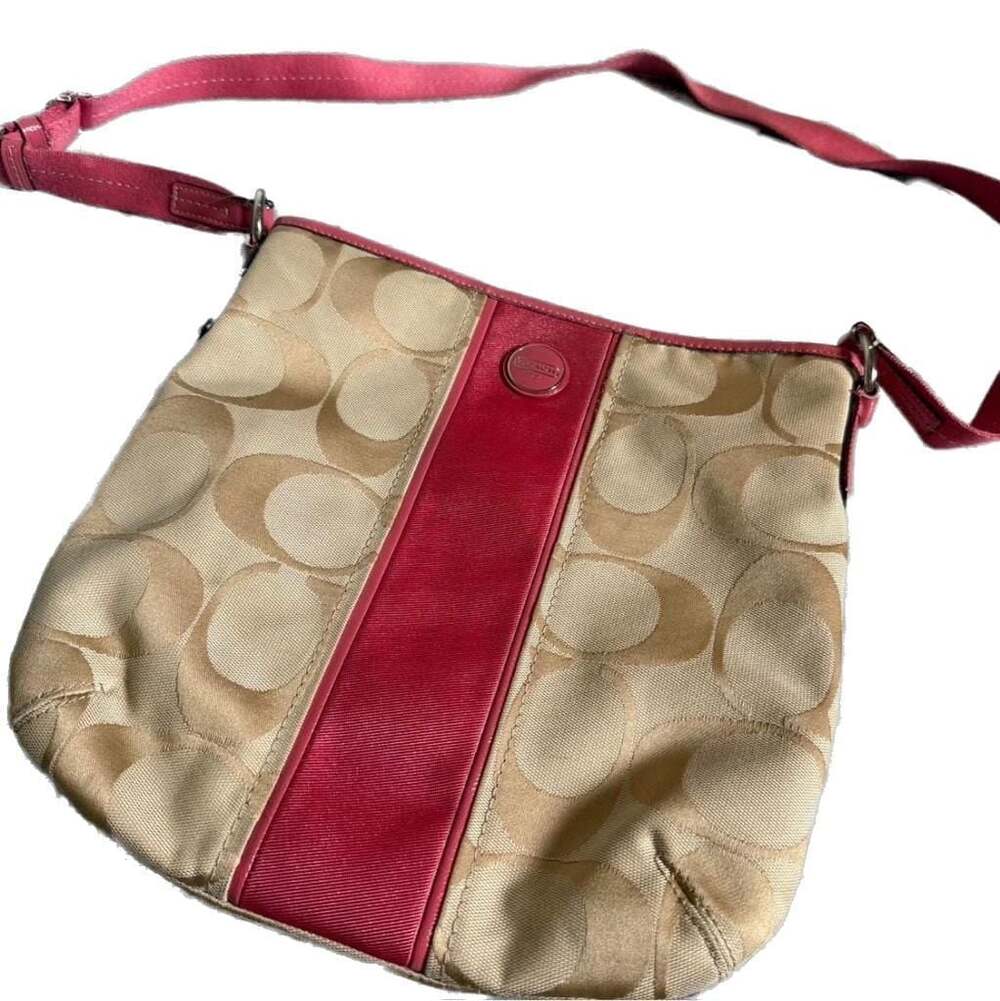 Coach Signature Khaki & Pink Canvas File Crossbody Bag